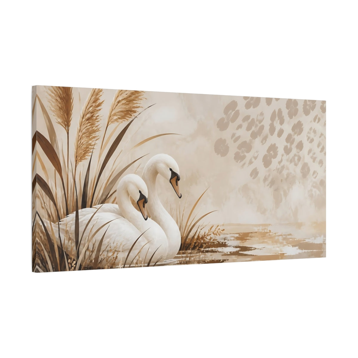 Main Mockup. Birds Swans Brown And Beige shown as stretched canvas wall art
