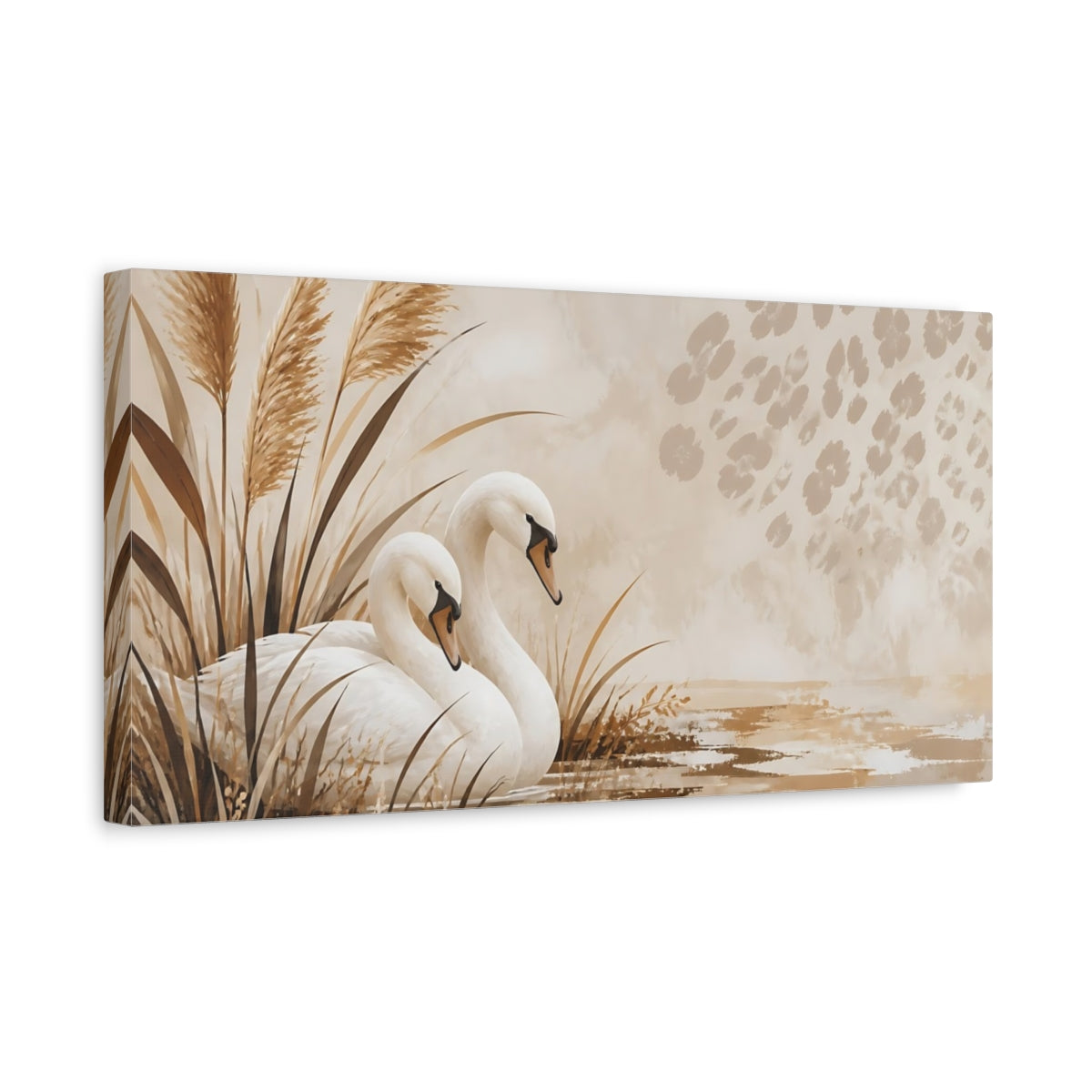Side Mockup 3. Birds Swans Brown And Beige shown as stretched canvas wall art