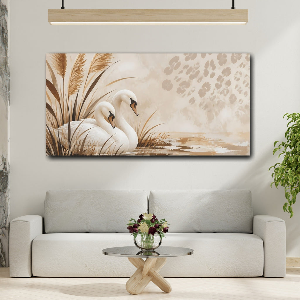 Mockup 2. Birds Swans Brown And Beige shown as stretched canvas wall art