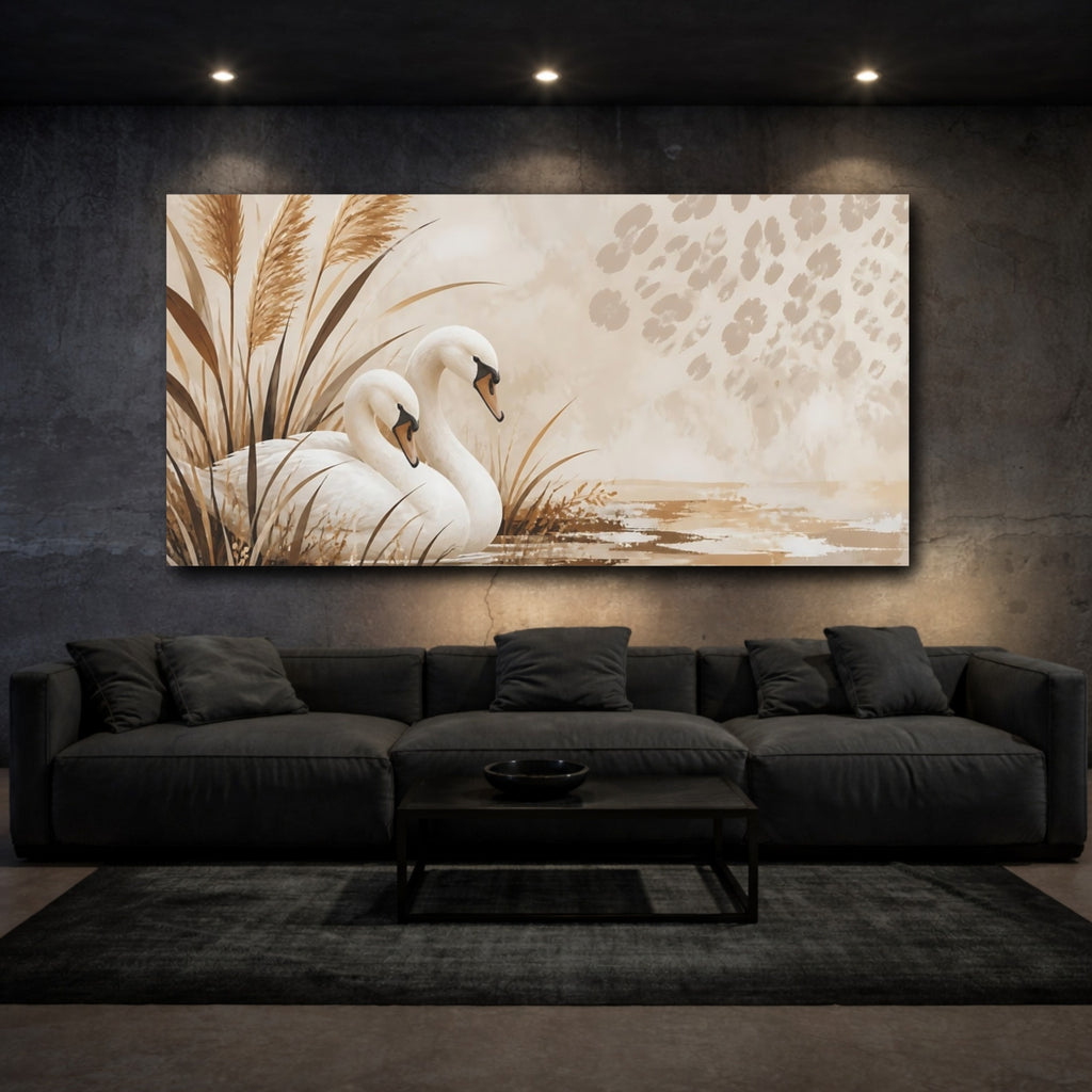 Mockup 3. Birds Swans Brown And Beige shown as stretched canvas wall art