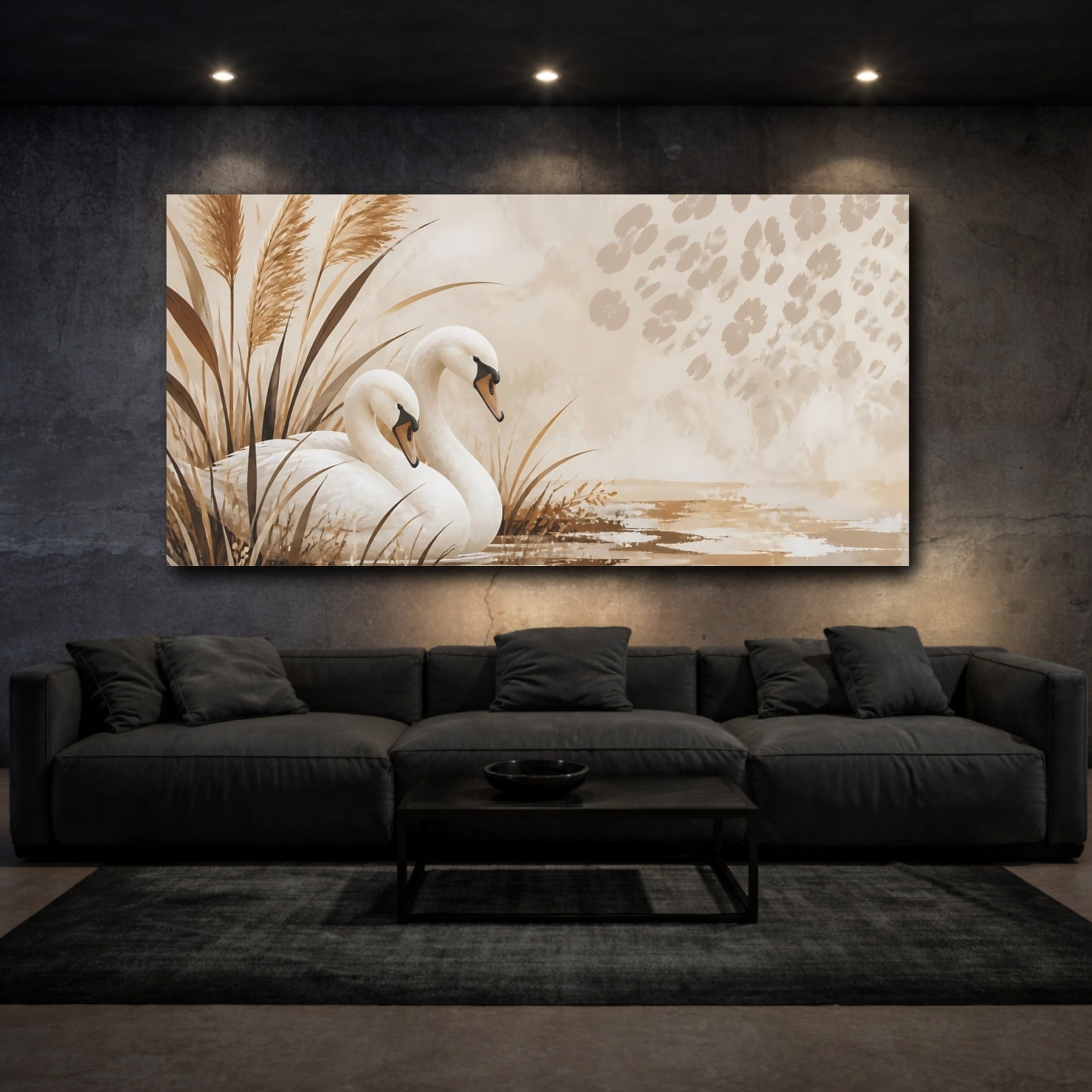 Mockup 3. Birds Swans Brown And Beige shown as stretched canvas wall art