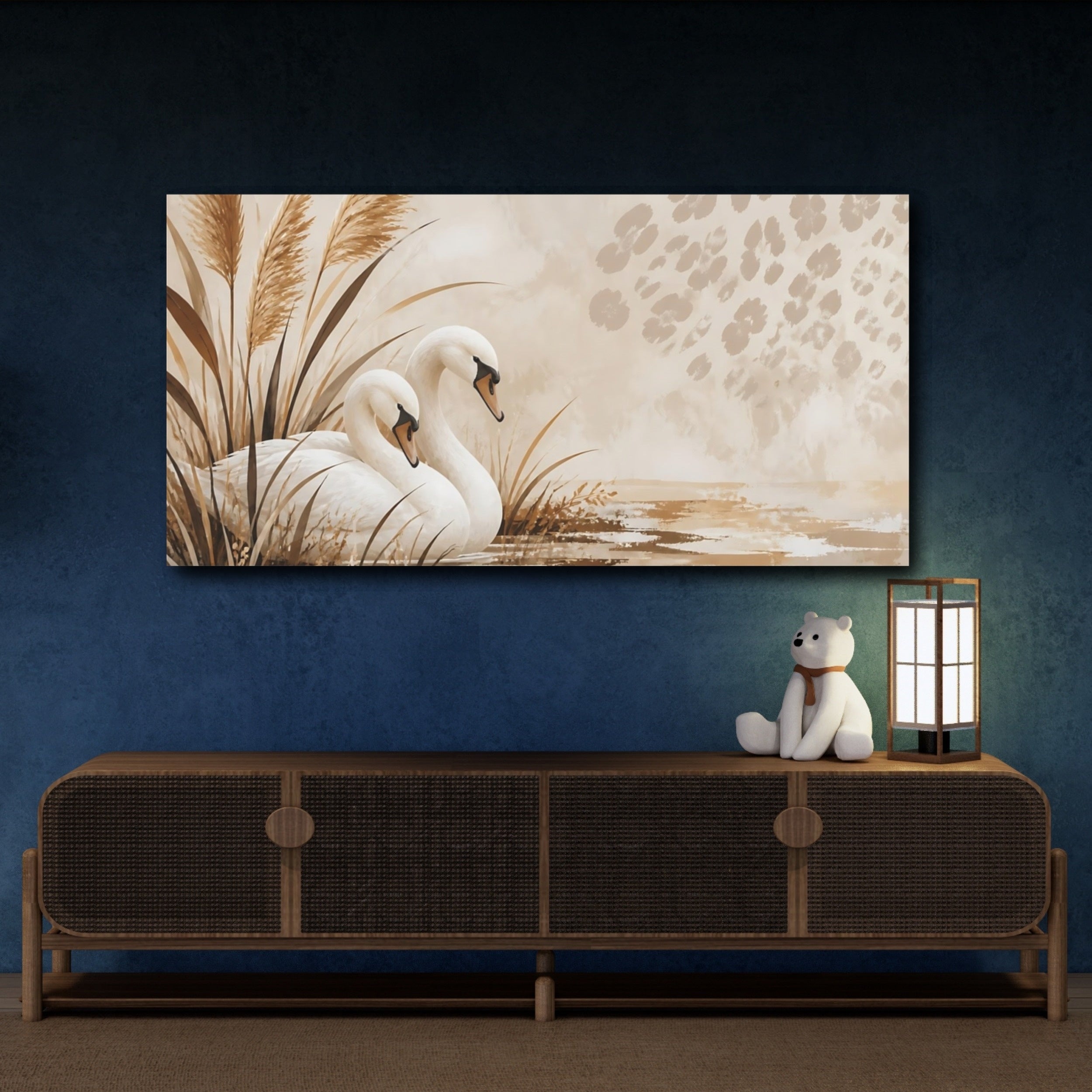 Mockup 4. Birds Swans Brown And Beige shown as stretched canvas wall art