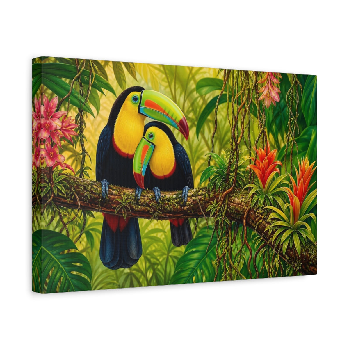 Side Mockup 4. Birds Toucans Colorful Toucans Jungle shown as stretched canvas wall art