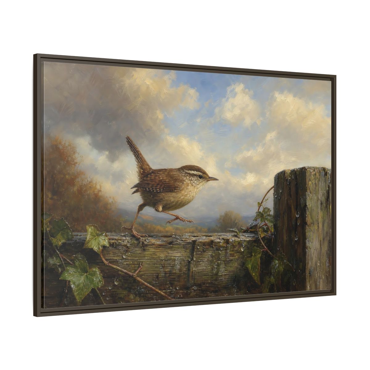 Side Mockup 8. Birds Wren Brown Wren shown as stretched canvas wall art