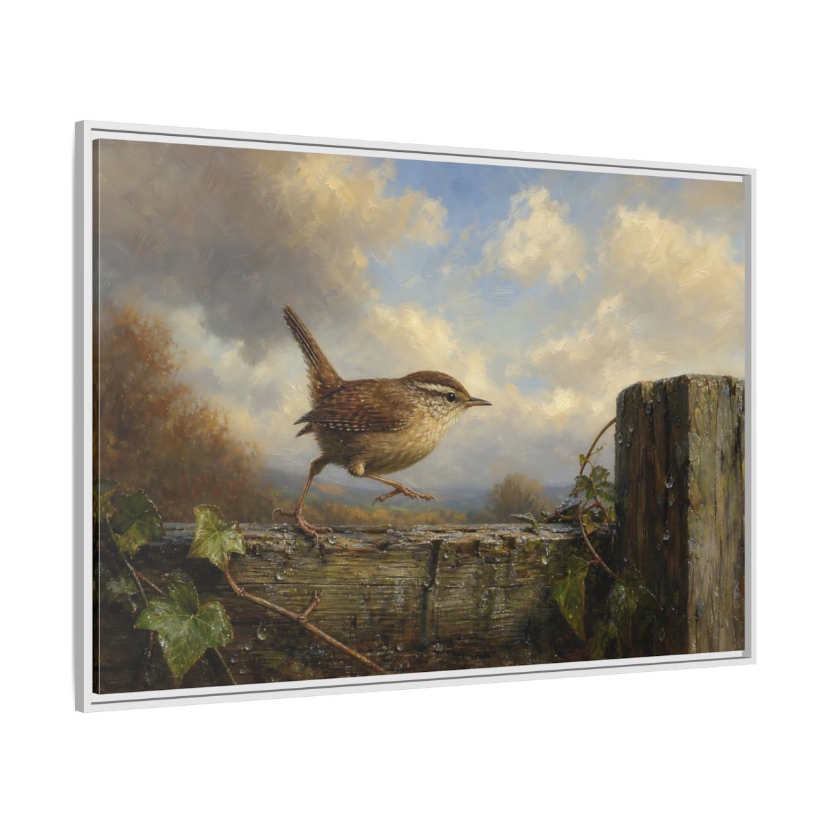Side Mockup 7. Birds Wren Brown Wren shown as stretched canvas wall art