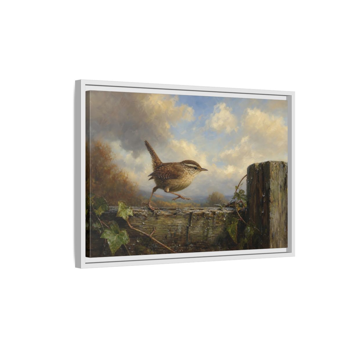 Side Mockup 1. Birds Wren Brown Wren shown as stretched canvas wall art
