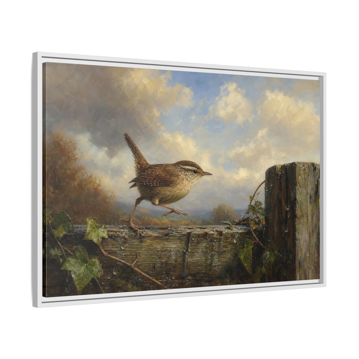 Side Mockup 9. Birds Wren Brown Wren shown as stretched canvas wall art