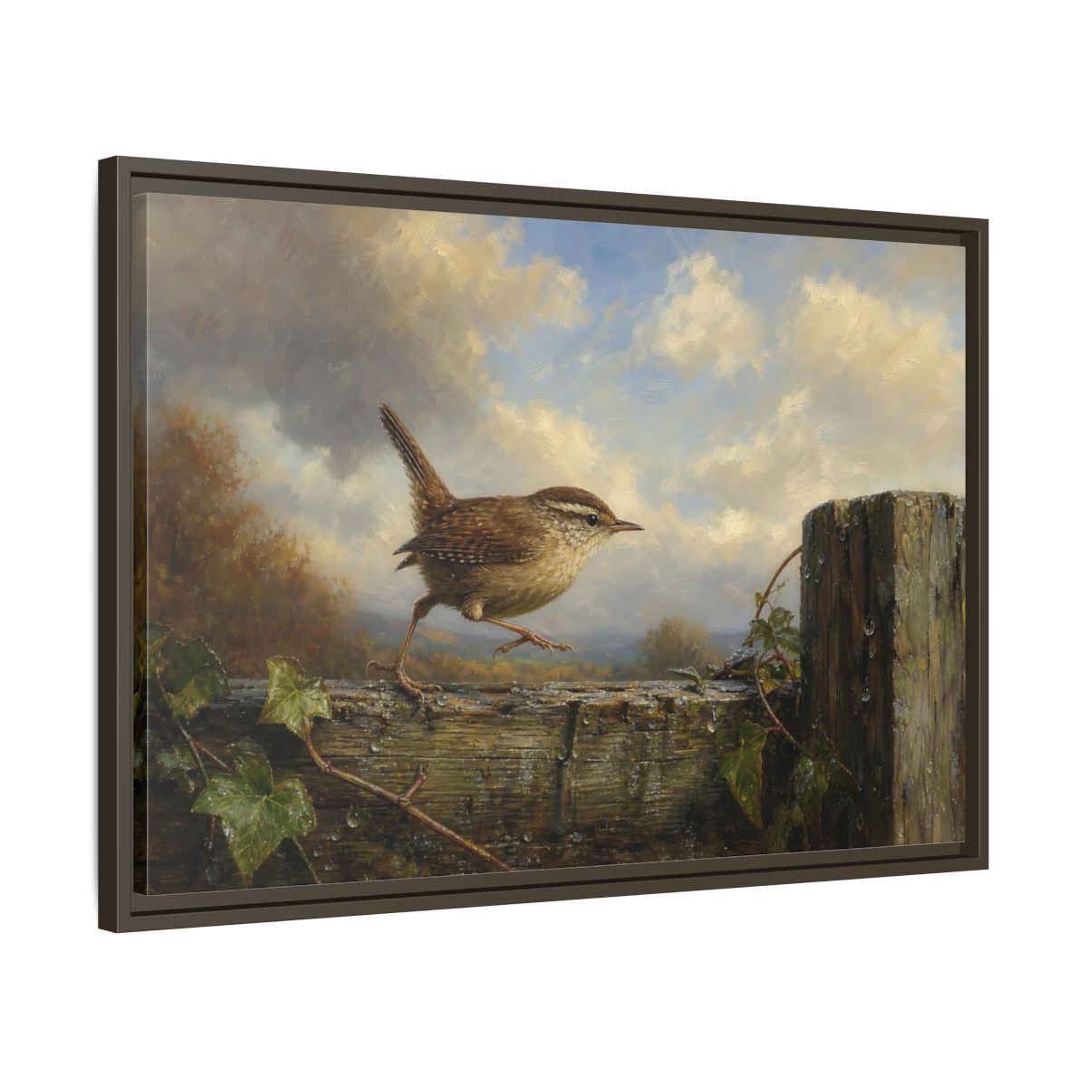Side Mockup 11. Birds Wren Brown Wren shown as stretched canvas wall art