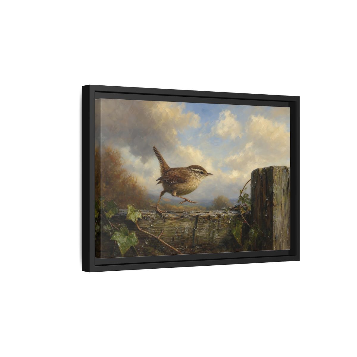 Side Mockup 6. Birds Wren Brown Wren shown as stretched canvas wall art