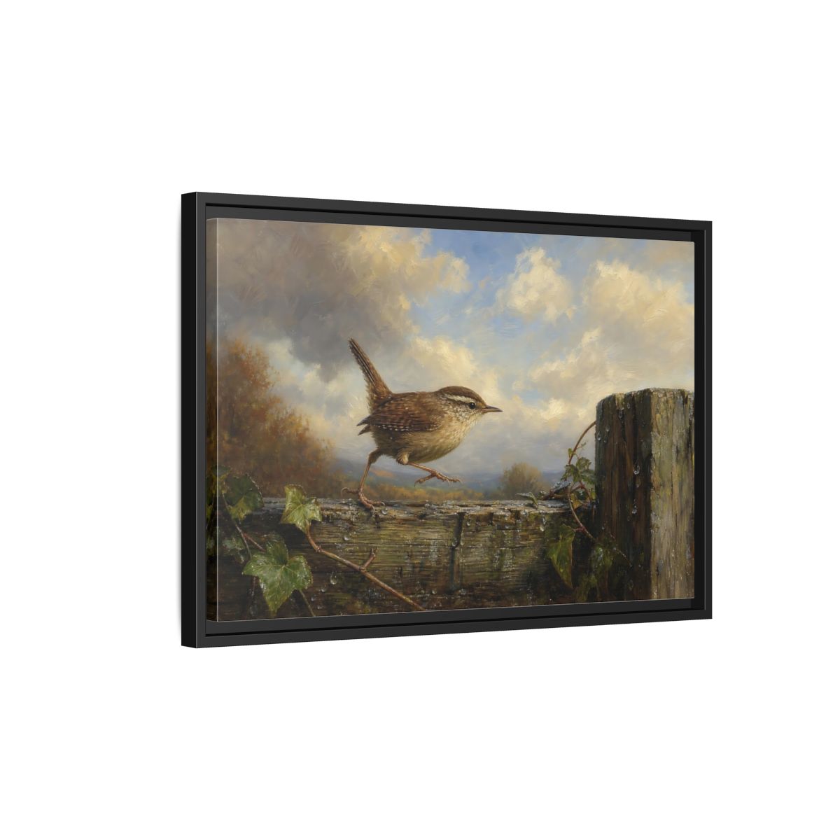 Side Mockup 3. Birds Wren Brown Wren shown as stretched canvas wall art