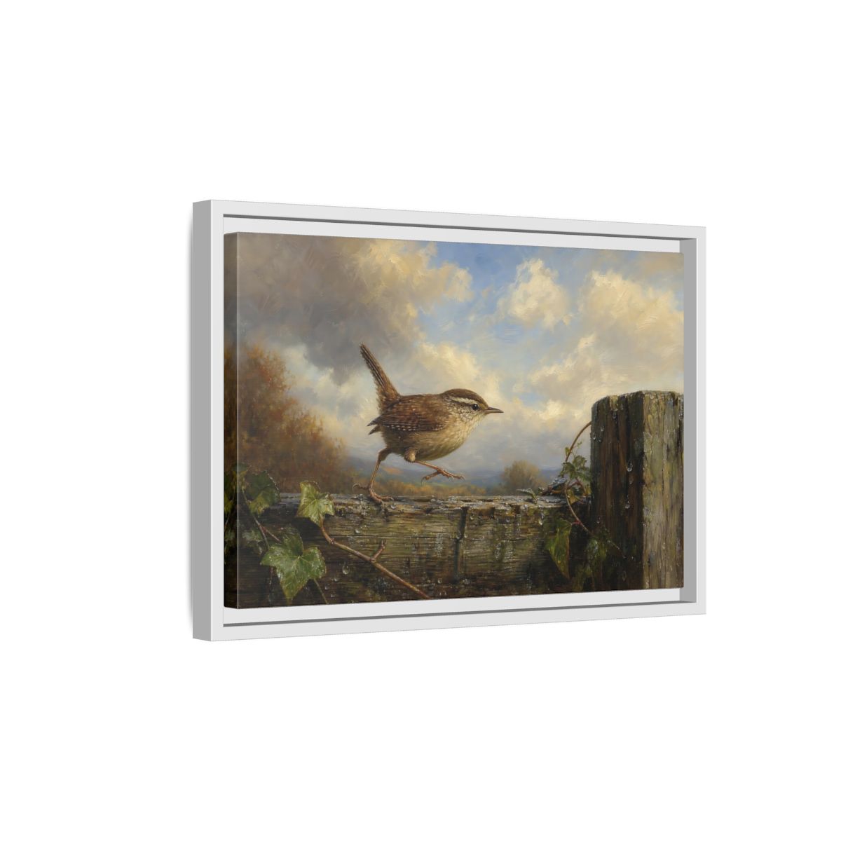 Side Mockup 4. Birds Wren Brown Wren shown as stretched canvas wall art