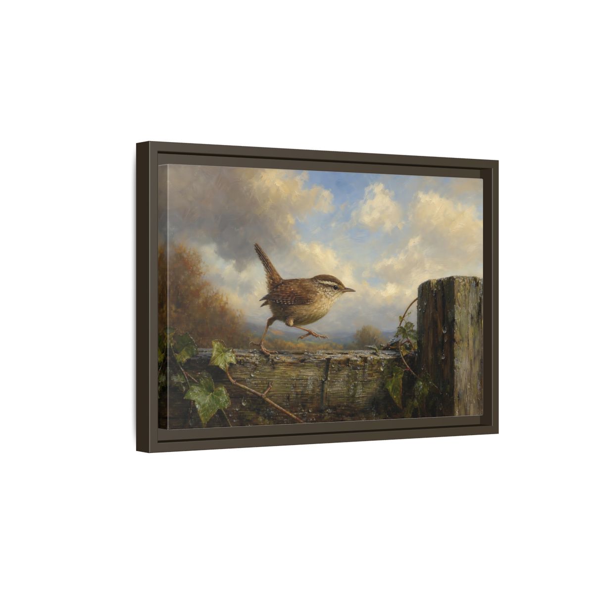 Side Mockup 5. Birds Wren Brown Wren shown as stretched canvas wall art