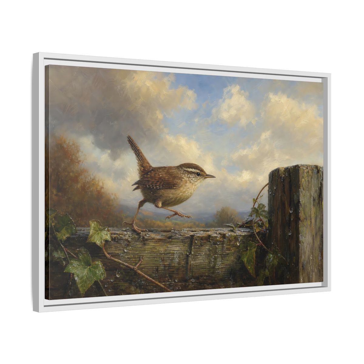 Side Mockup 10. Birds Wren Brown Wren shown as stretched canvas wall art