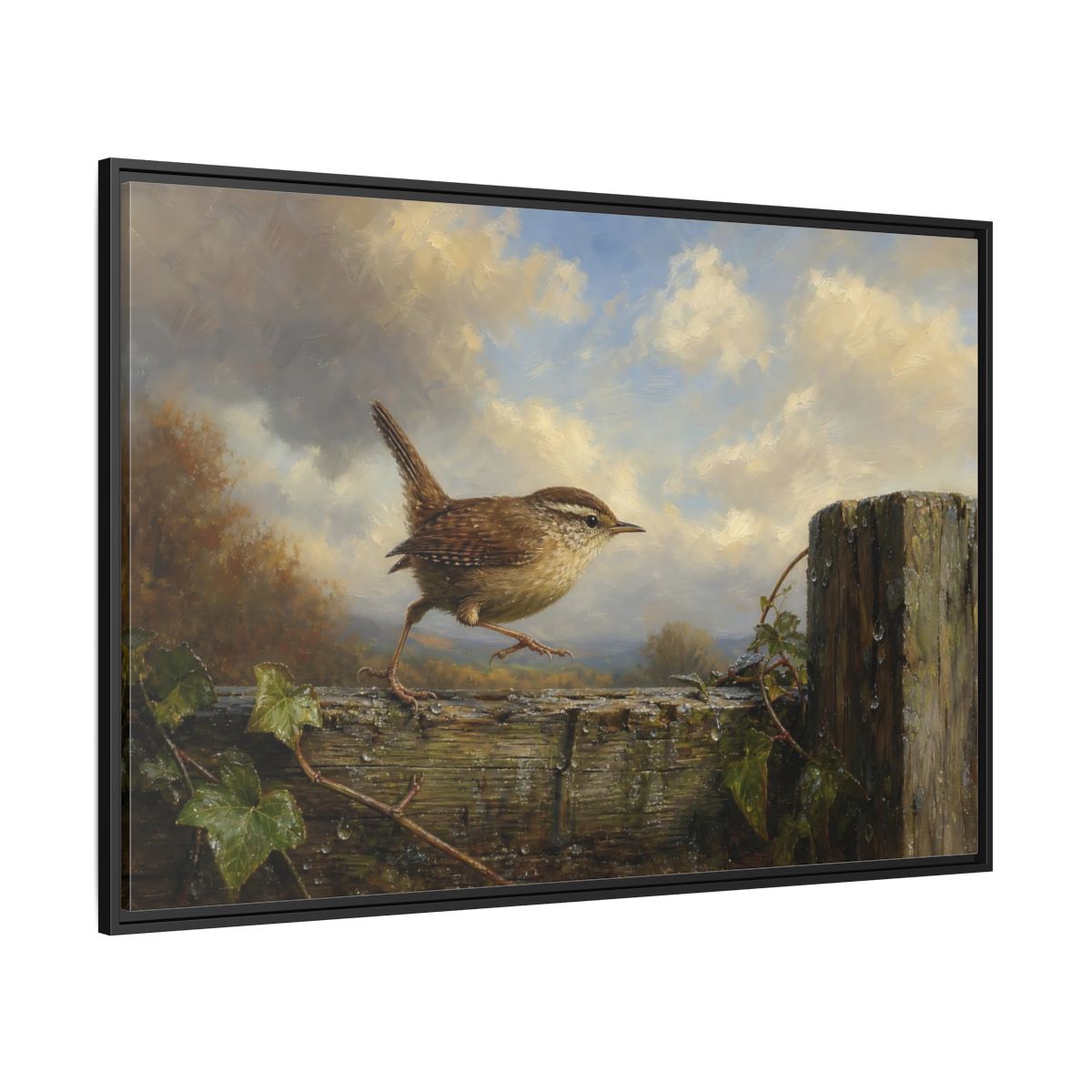 Side Mockup 12. Birds Wren Brown Wren shown as stretched canvas wall art
