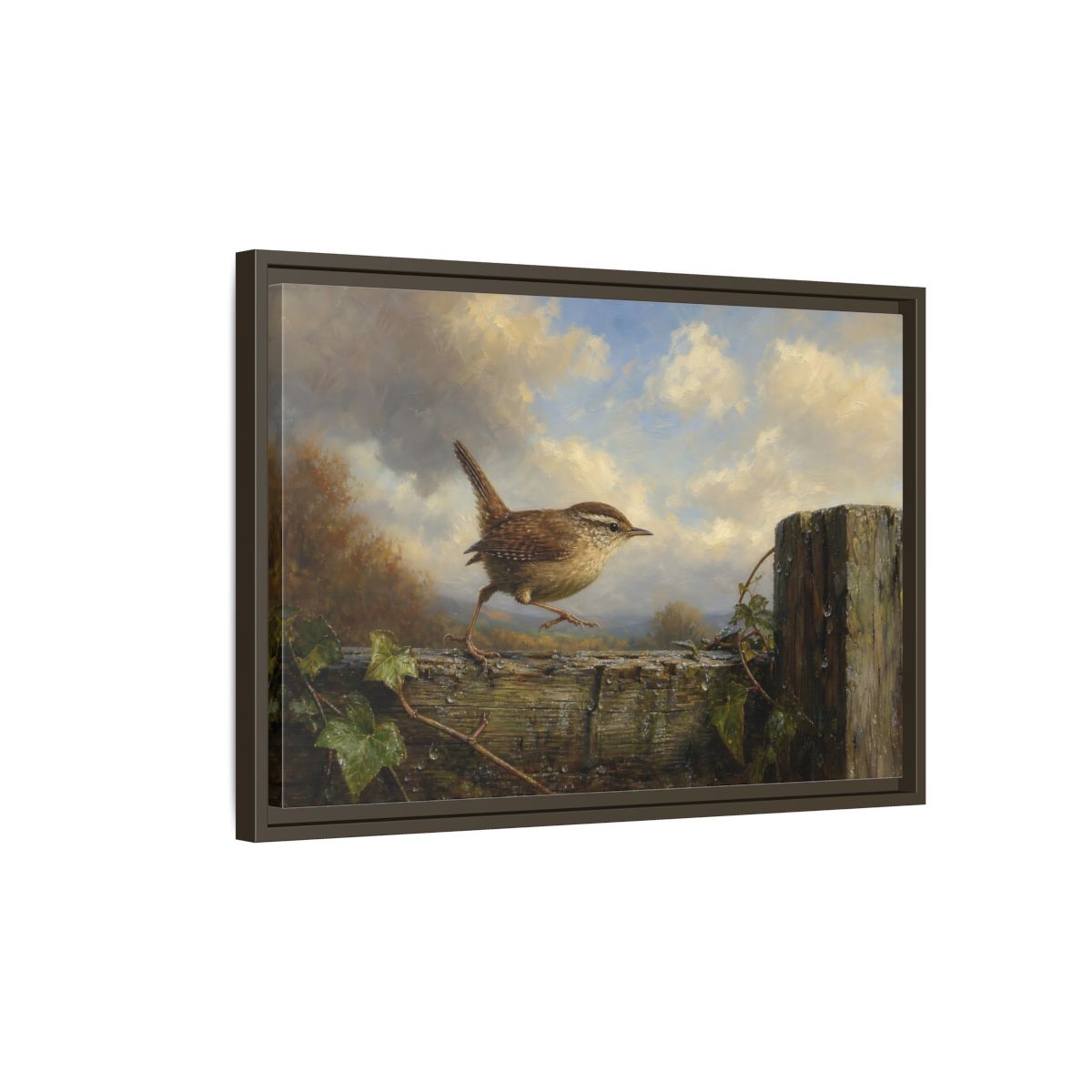 Side Mockup 2. Birds Wren Brown Wren shown as stretched canvas wall art