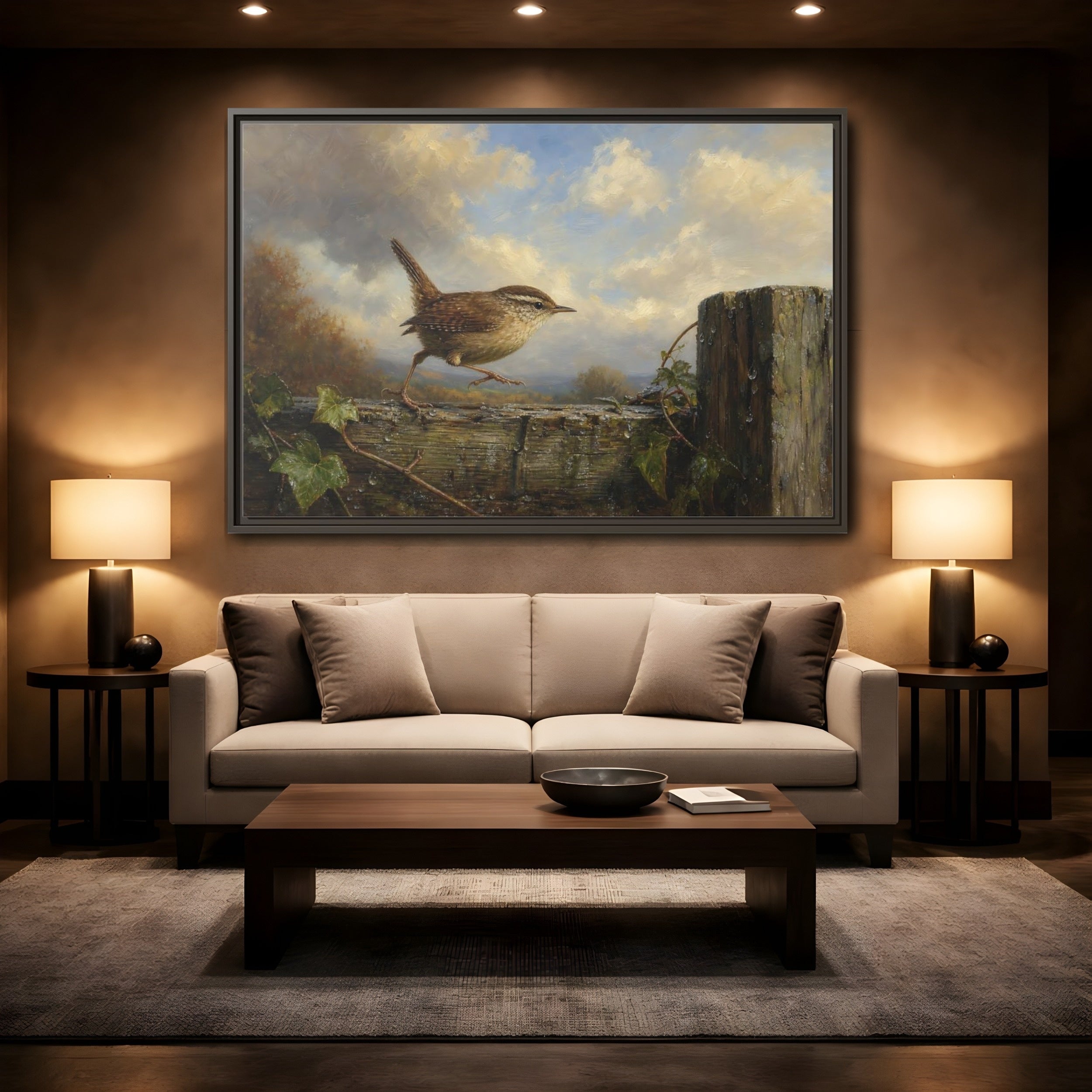 Mockup 2. Birds Wren Brown Wren shown as stretched canvas wall art