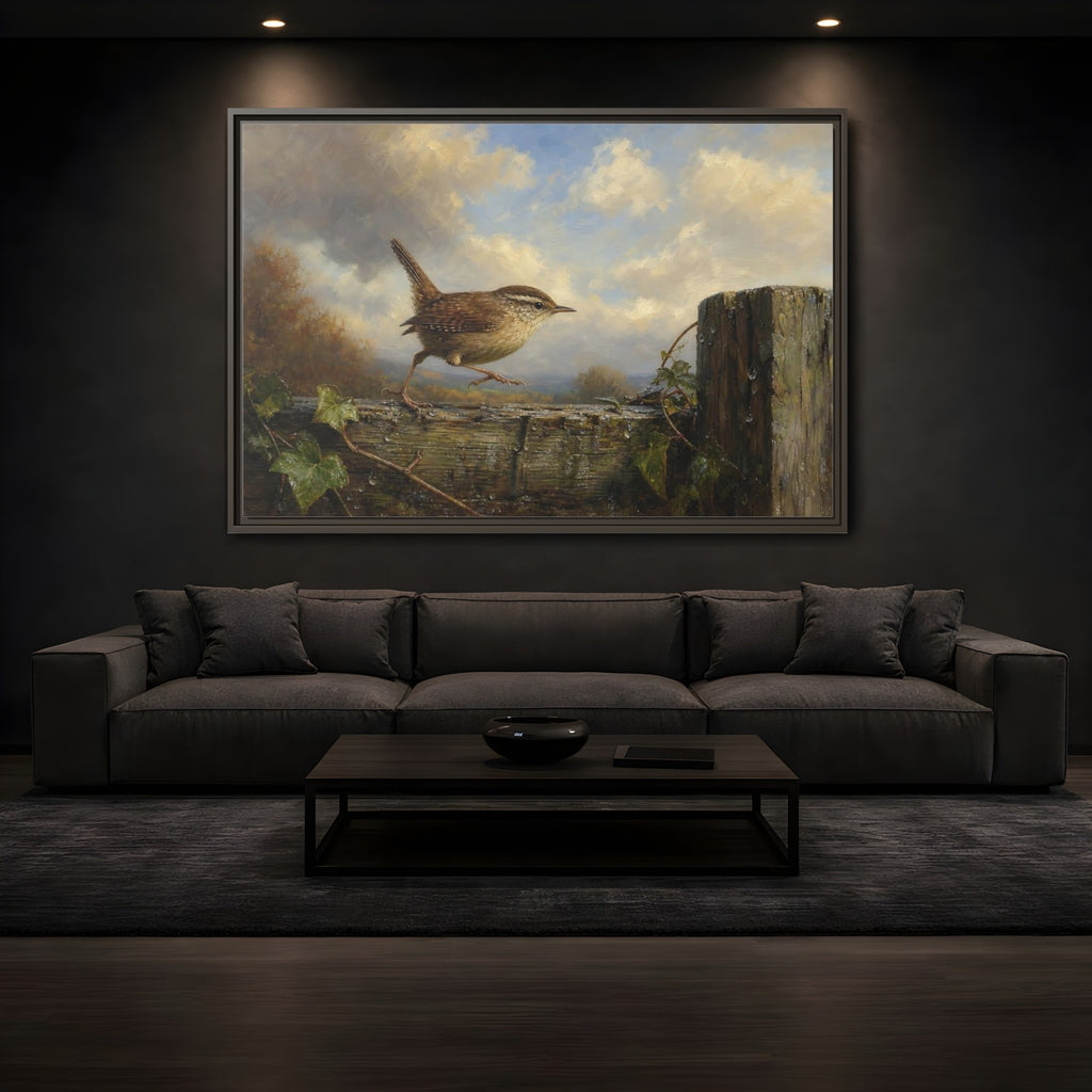 Mockup 3. Birds Wren Brown Wren shown as stretched canvas wall art
