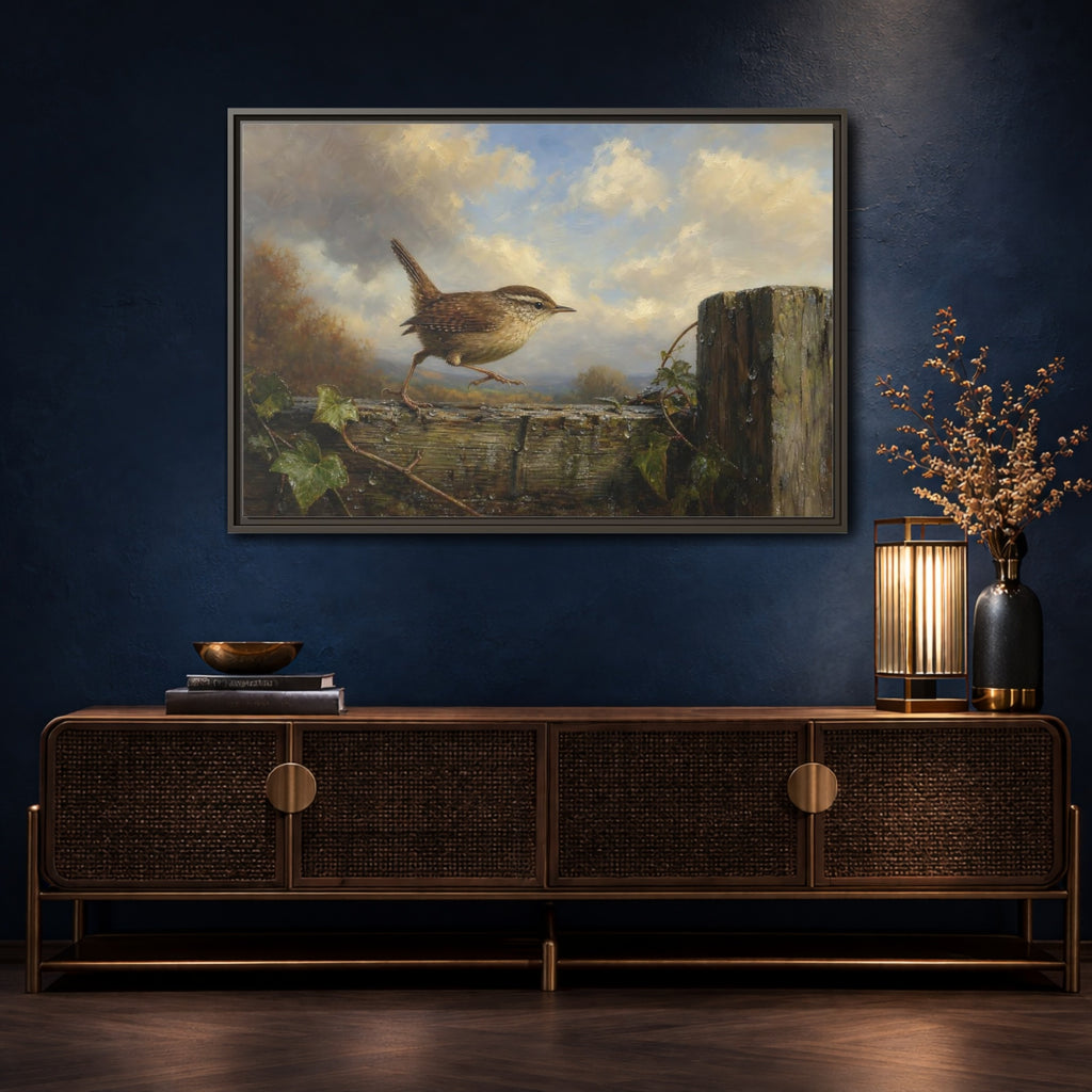 Mockup 4. Birds Wren Brown Wren shown as stretched canvas wall art