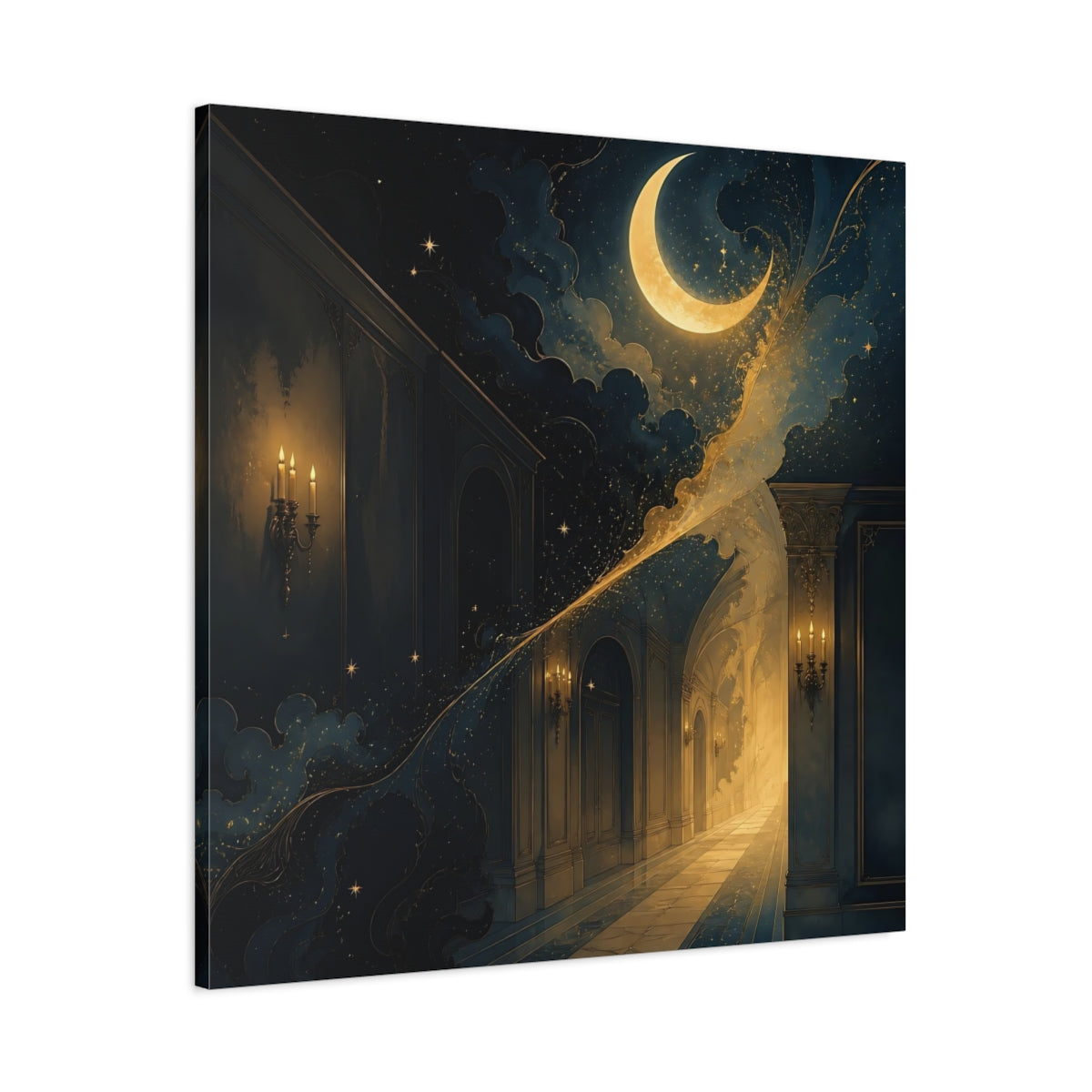 Main Mockup. Fairytale Crescent Moon Dark Blue Gold shown as stretched canvas wall art