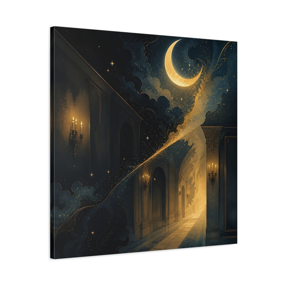 Side Mockup 3. Fairytale Crescent Moon Dark Blue Gold shown as stretched canvas wall art