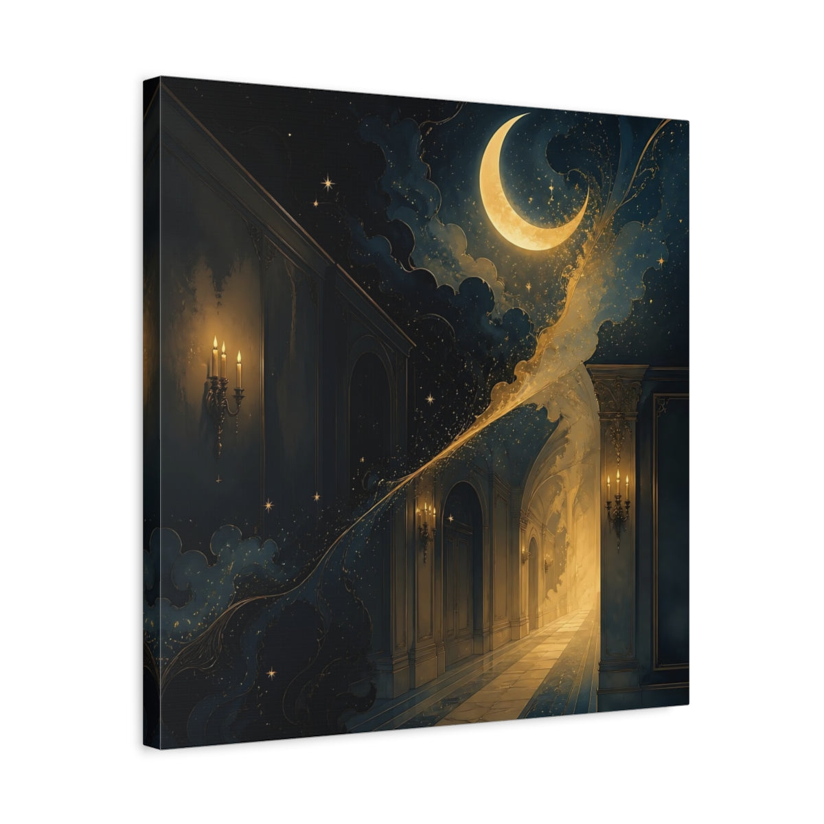 Side Mockup 5. Fairytale Crescent Moon Dark Blue Gold shown as stretched canvas wall art