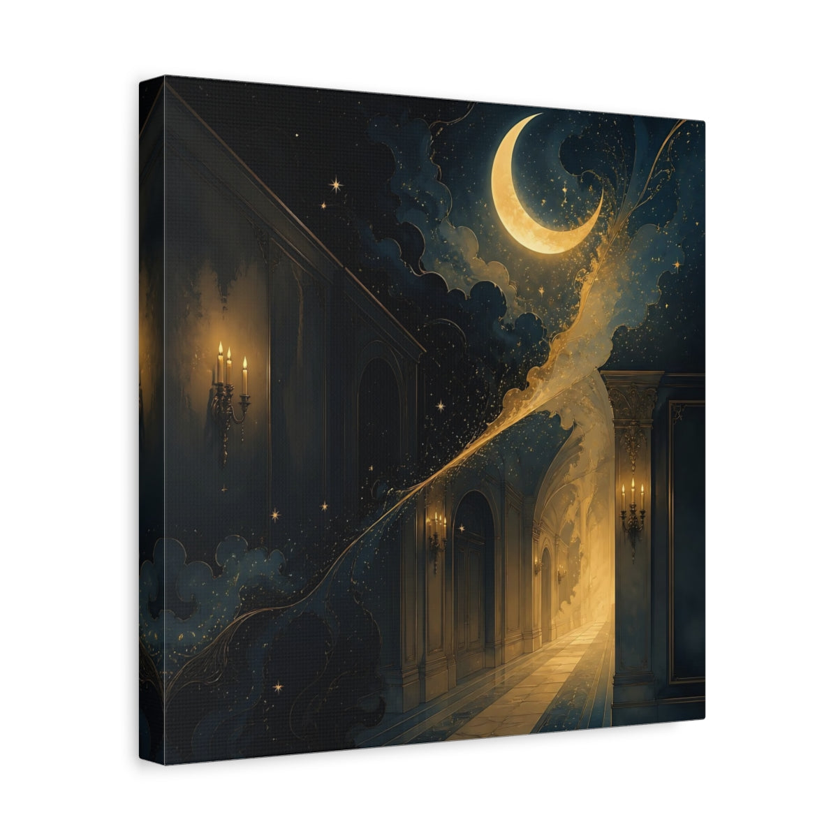Side Mockup 7. Fairytale Crescent Moon Dark Blue Gold shown as stretched canvas wall art