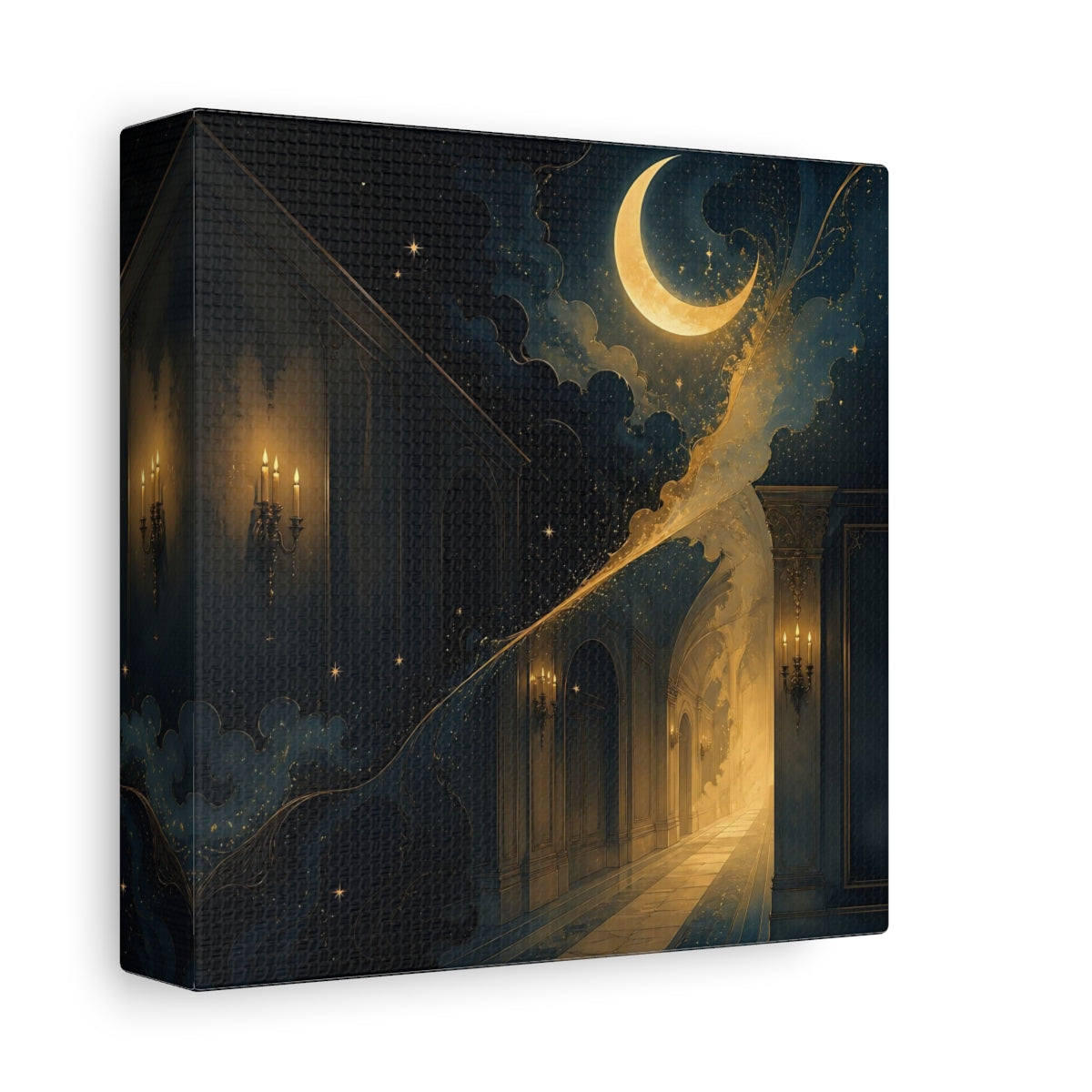 Side Mockup 2. Fairytale Crescent Moon Dark Blue Gold shown as stretched canvas wall art