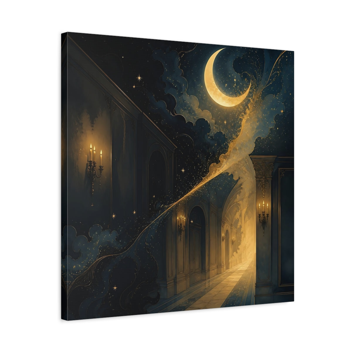 Side Mockup 4. Fairytale Crescent Moon Dark Blue Gold shown as stretched canvas wall art