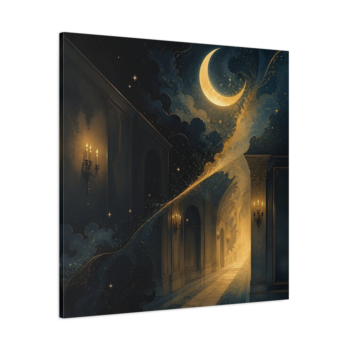 Side Mockup 1. Fairytale Crescent Moon Dark Blue Gold shown as stretched canvas wall art
