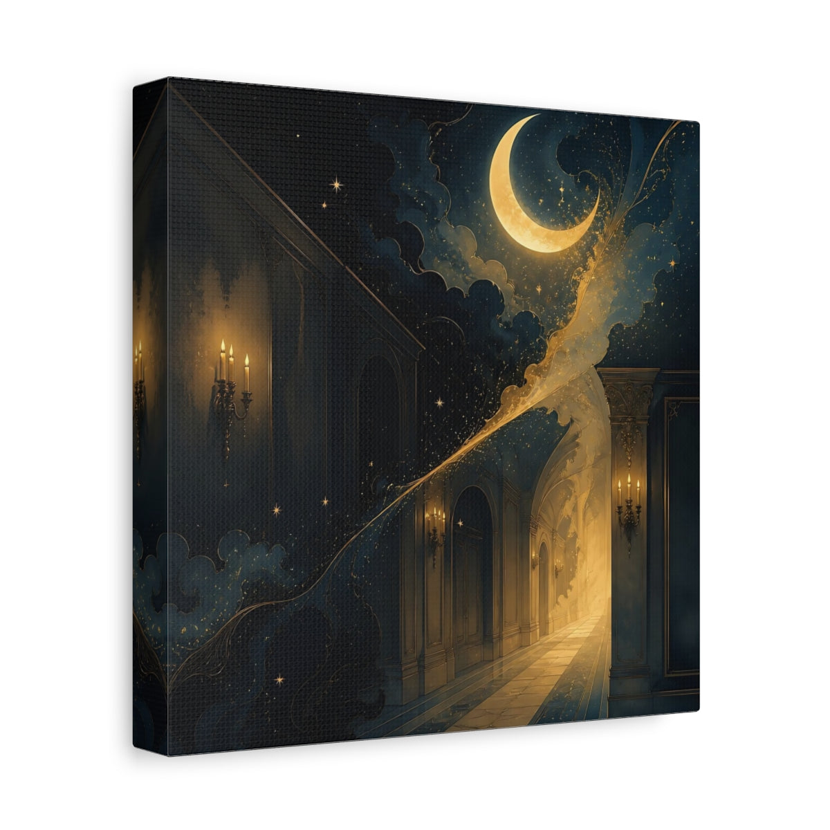 Side Mockup 9. Fairytale Crescent Moon Dark Blue Gold shown as stretched canvas wall art