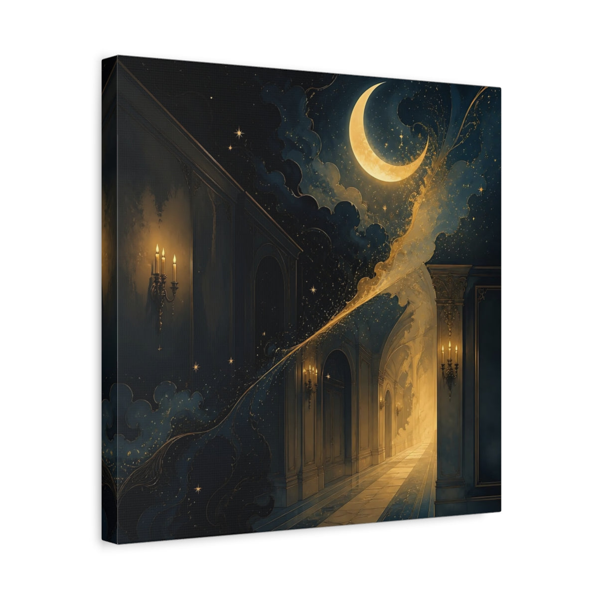 Side Mockup 6. Fairytale Crescent Moon Dark Blue Gold shown as stretched canvas wall art