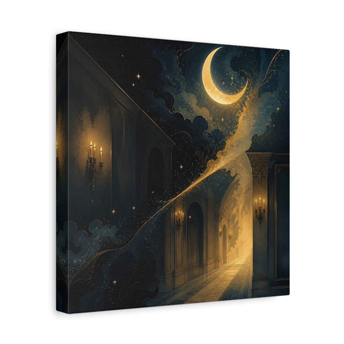 Side Mockup 8. Fairytale Crescent Moon Dark Blue Gold shown as stretched canvas wall art