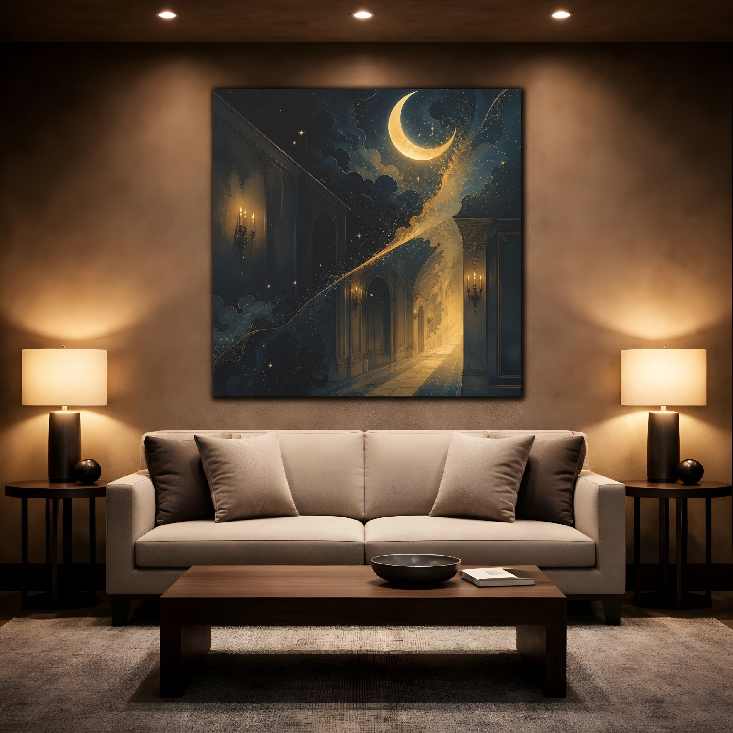 Mockup 2. Fairytale Crescent Moon Dark Blue Gold shown as stretched canvas wall art