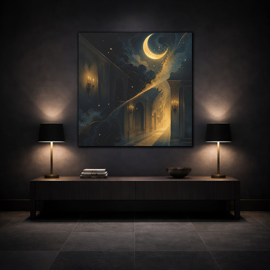 Mockup 3. Fairytale Crescent Moon Dark Blue Gold shown as stretched canvas wall art