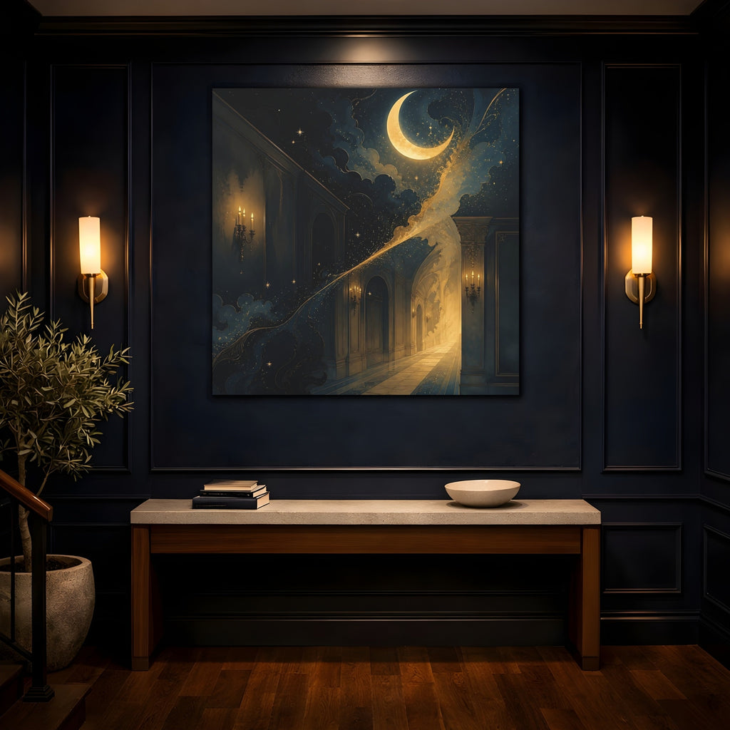 Mockup 4. Fairytale Crescent Moon Dark Blue Gold shown as stretched canvas wall art