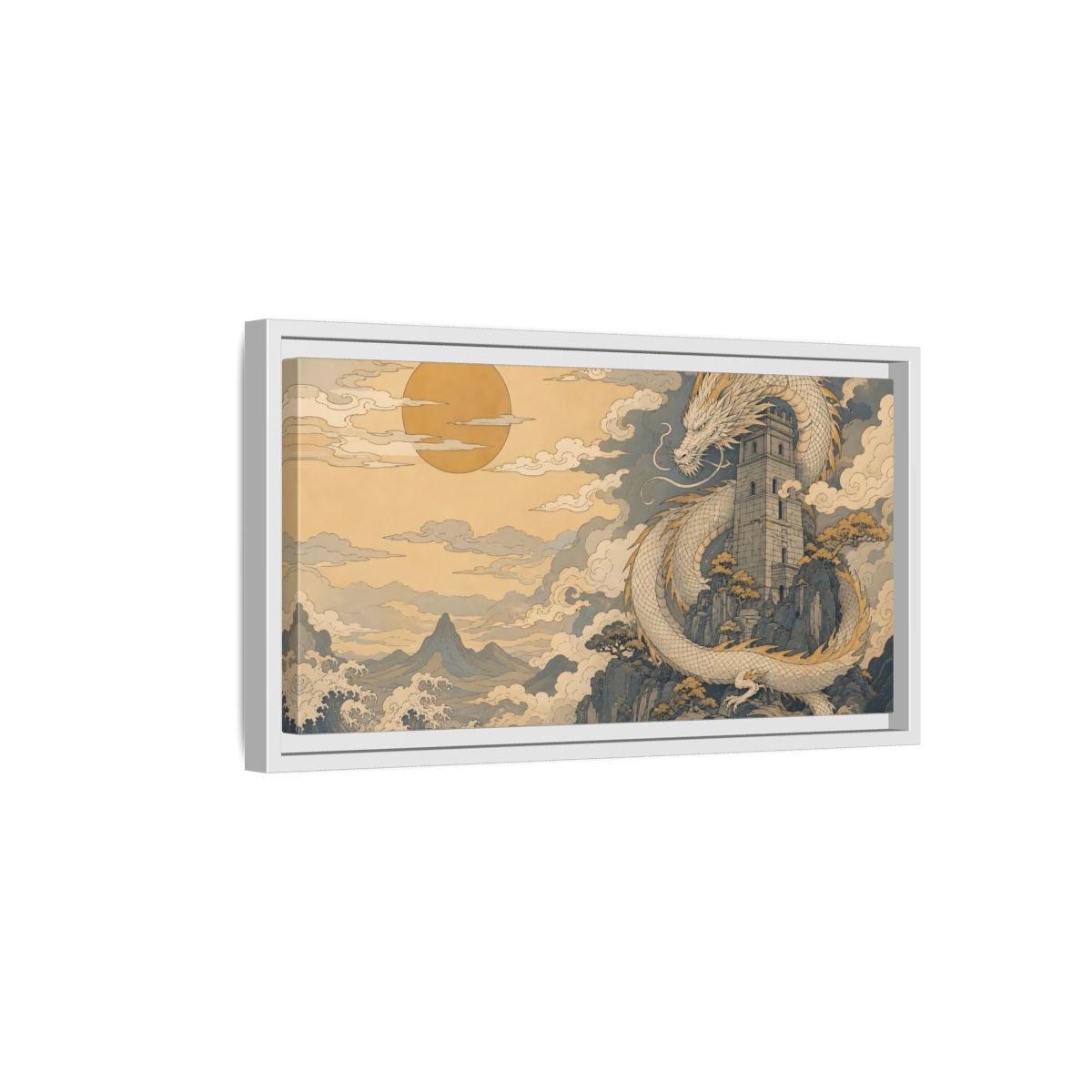 Side Mockup 6. Fairytale Dragon Golden Dragon Art shown as stretched canvas wall art