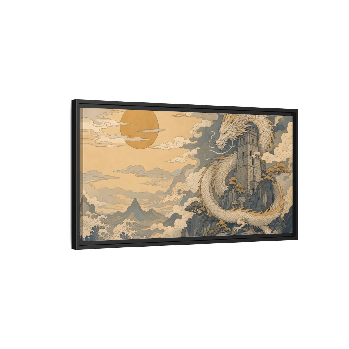 Side Mockup 2. Fairytale Dragon Golden Dragon Art shown as stretched canvas wall art