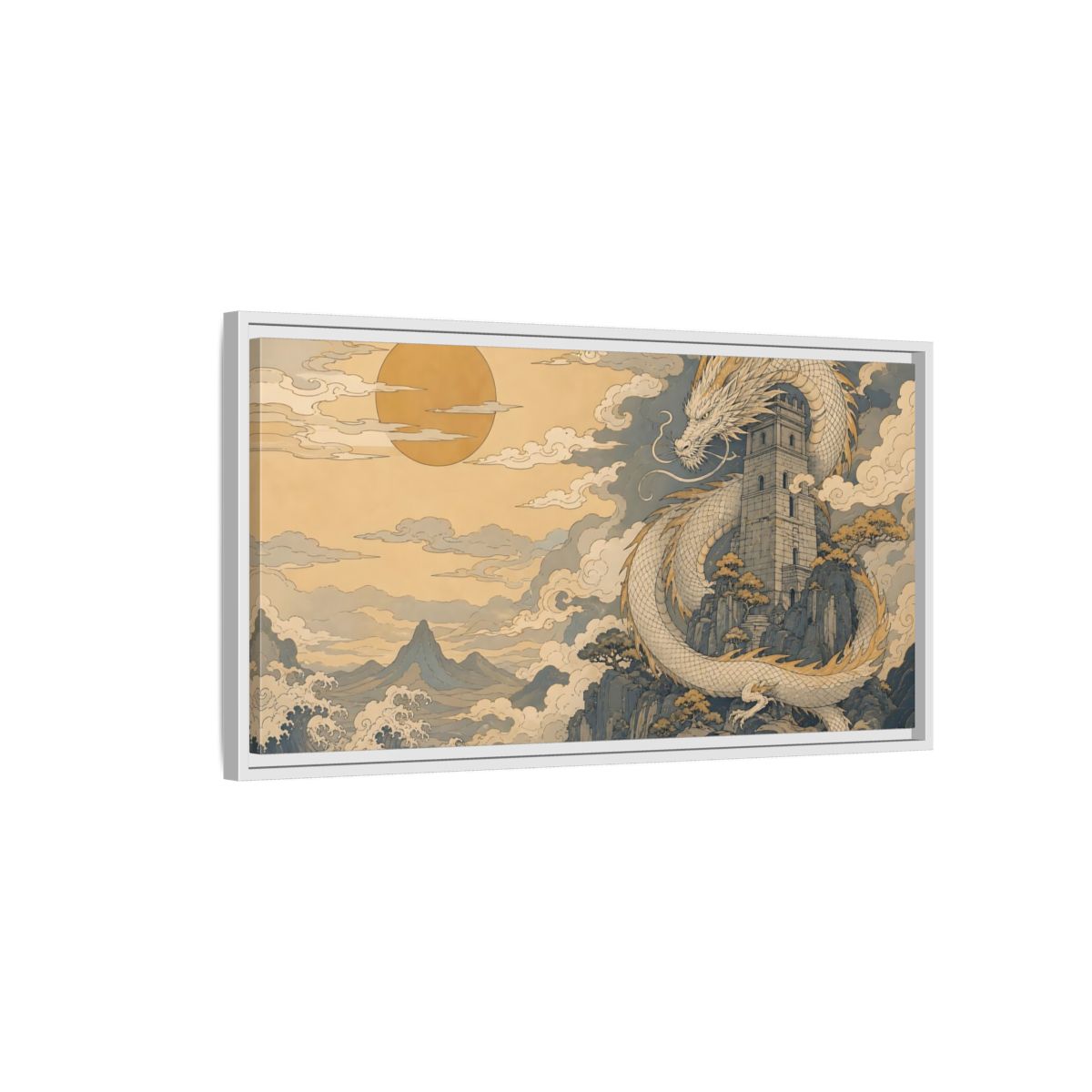 Side Mockup 1. Fairytale Dragon Golden Dragon Art shown as stretched canvas wall art