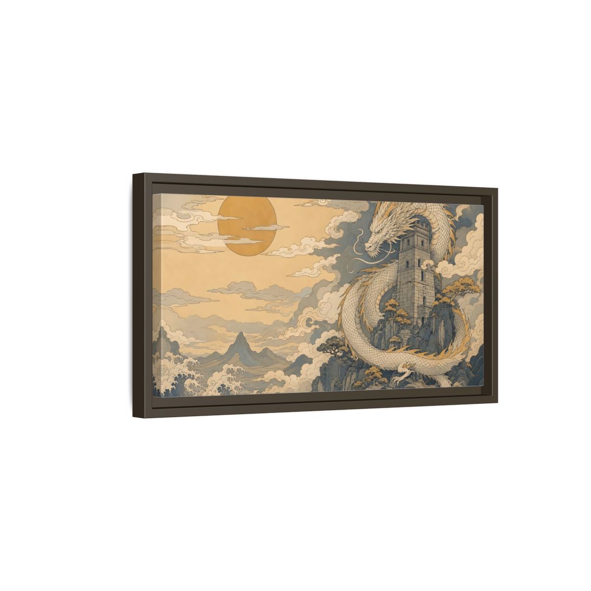 Side Mockup 7. Fairytale Dragon Golden Dragon Art shown as stretched canvas wall art