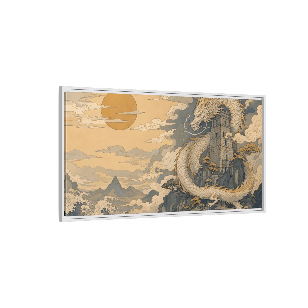 Side Mockup 3. Fairytale Dragon Golden Dragon Art shown as stretched canvas wall art