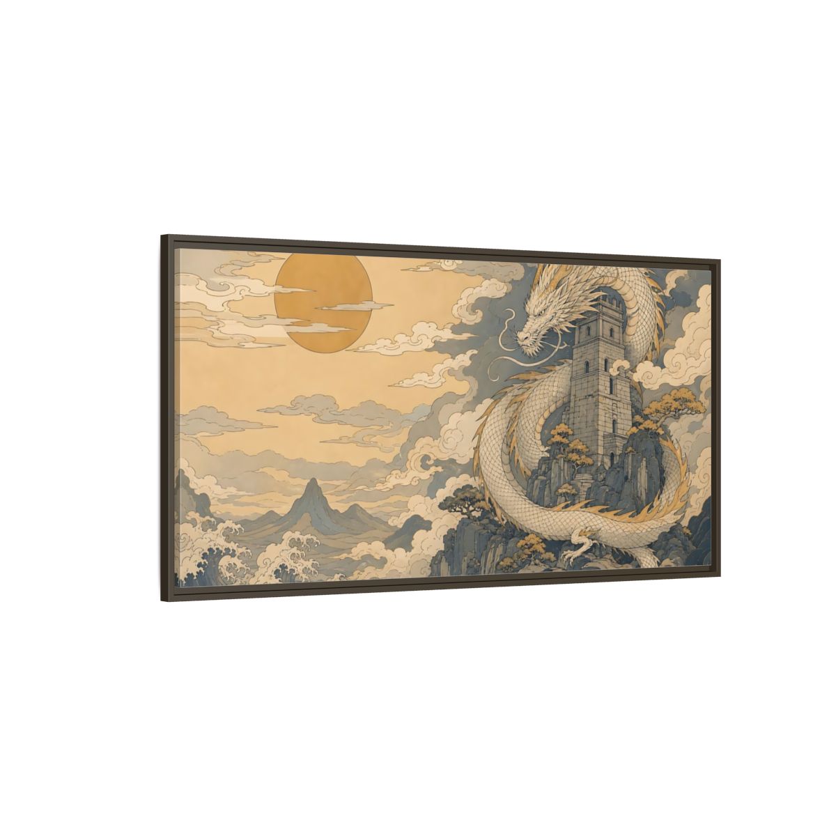 Side Mockup 4. Fairytale Dragon Golden Dragon Art shown as stretched canvas wall art