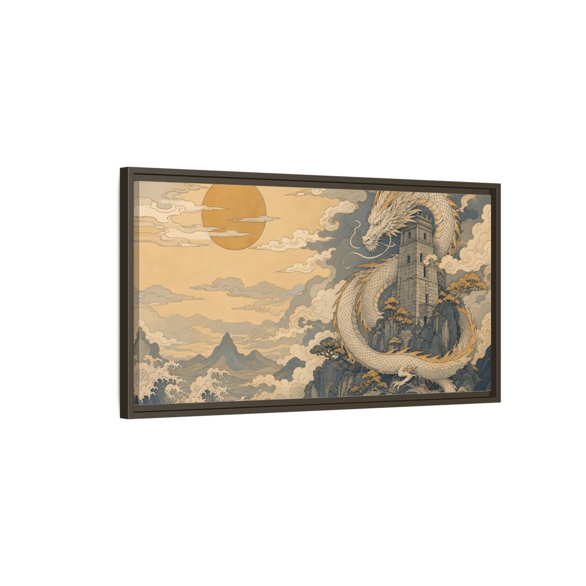 Main Mockup. Fairytale Dragon Golden Dragon Art shown as stretched canvas wall art