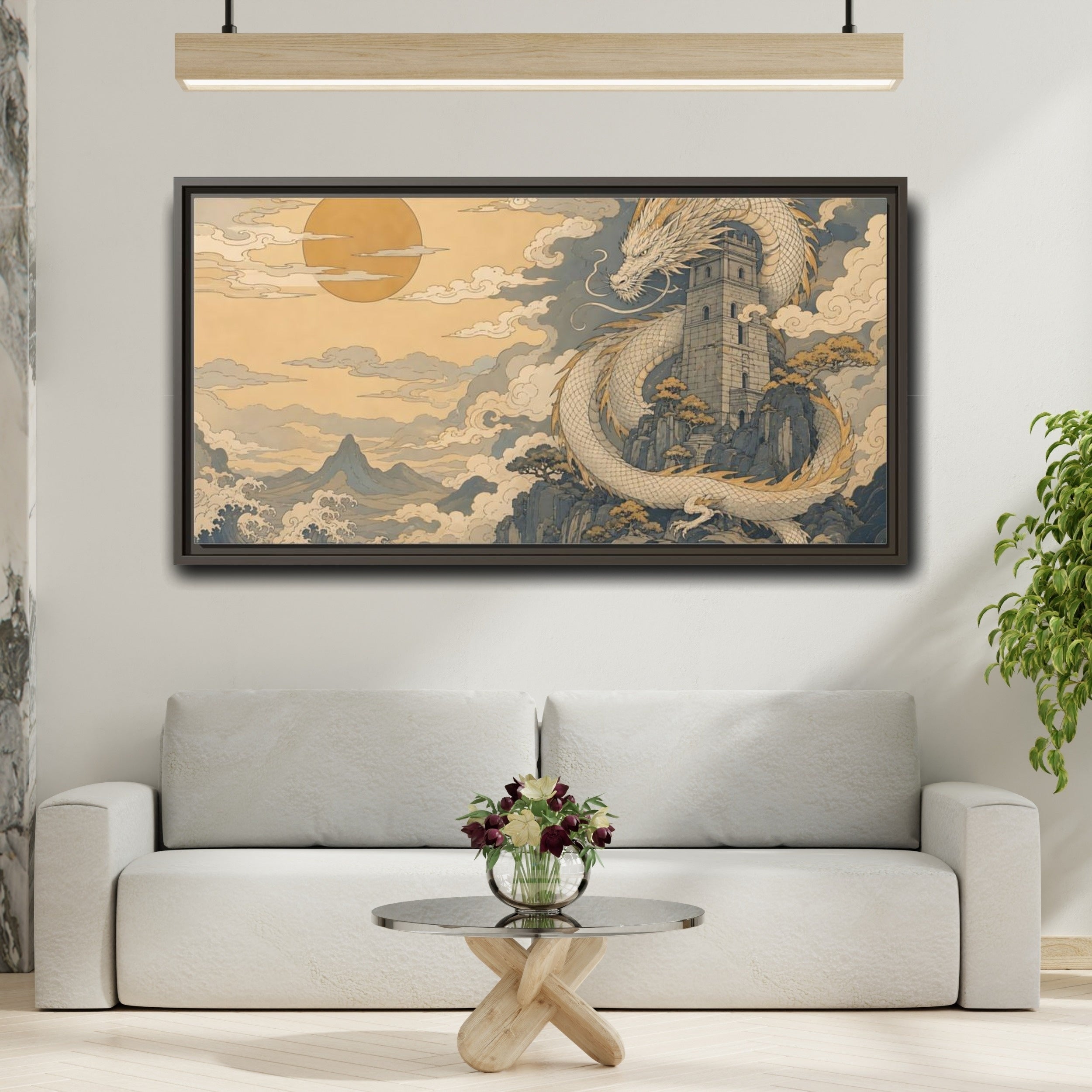 Mockup 2. Fairytale Dragon Golden Dragon Art shown as stretched canvas wall art
