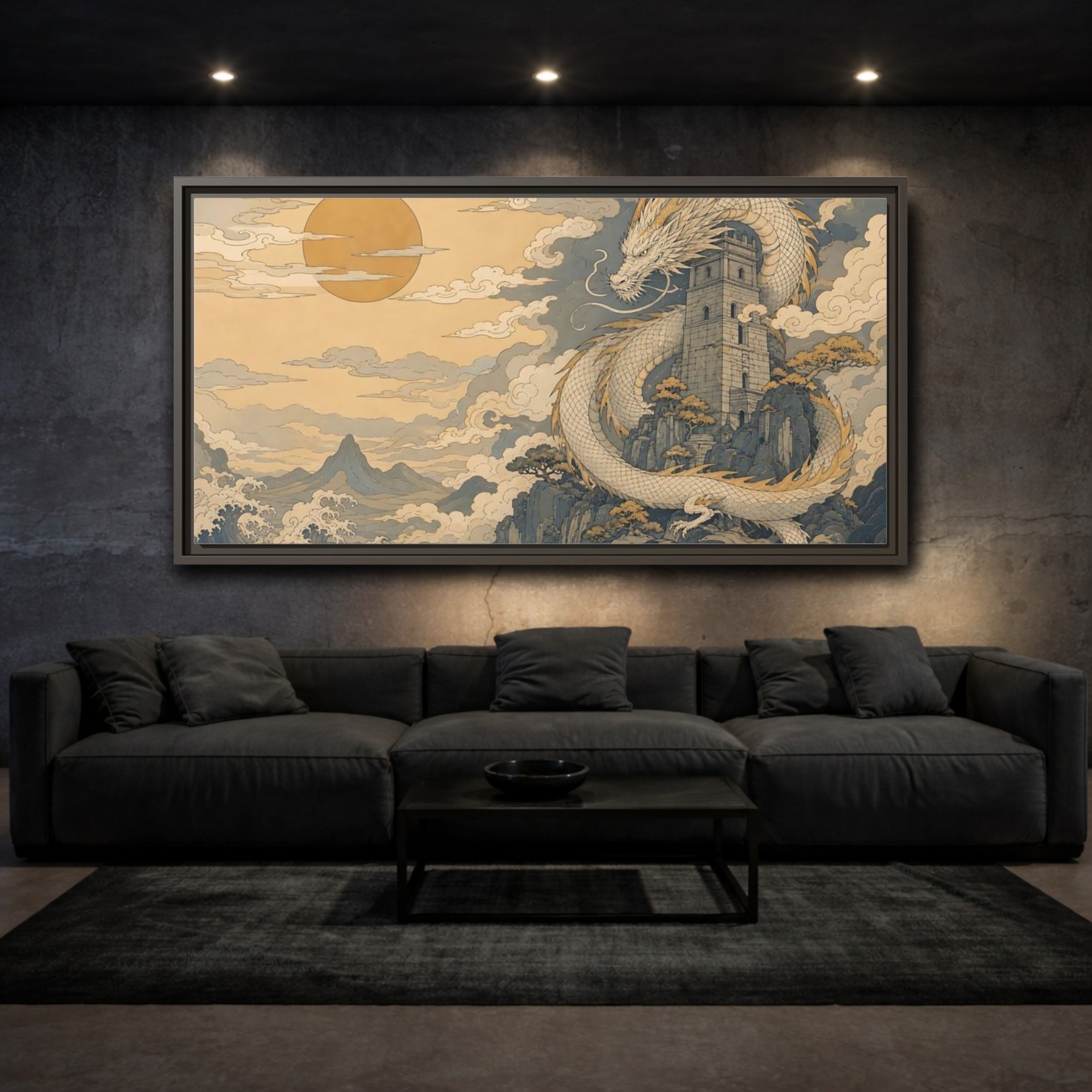 Mockup 3. Fairytale Dragon Golden Dragon Art shown as stretched canvas wall art