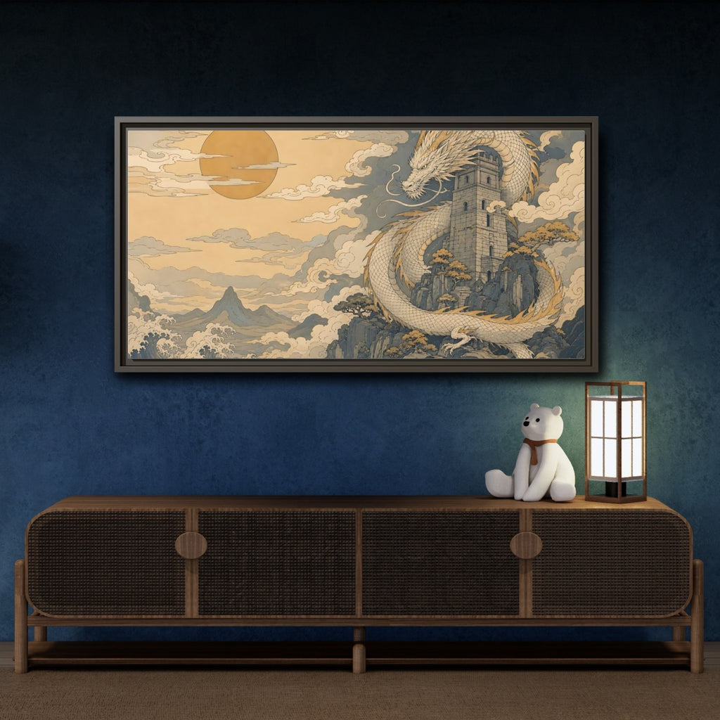 Mockup 4. Fairytale Dragon Golden Dragon Art shown as stretched canvas wall art
