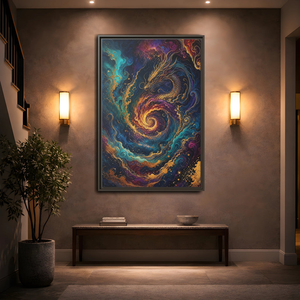 Mockup 2. Fairytale Dragon Vibrant Gold Dragon shown as stretched canvas wall art