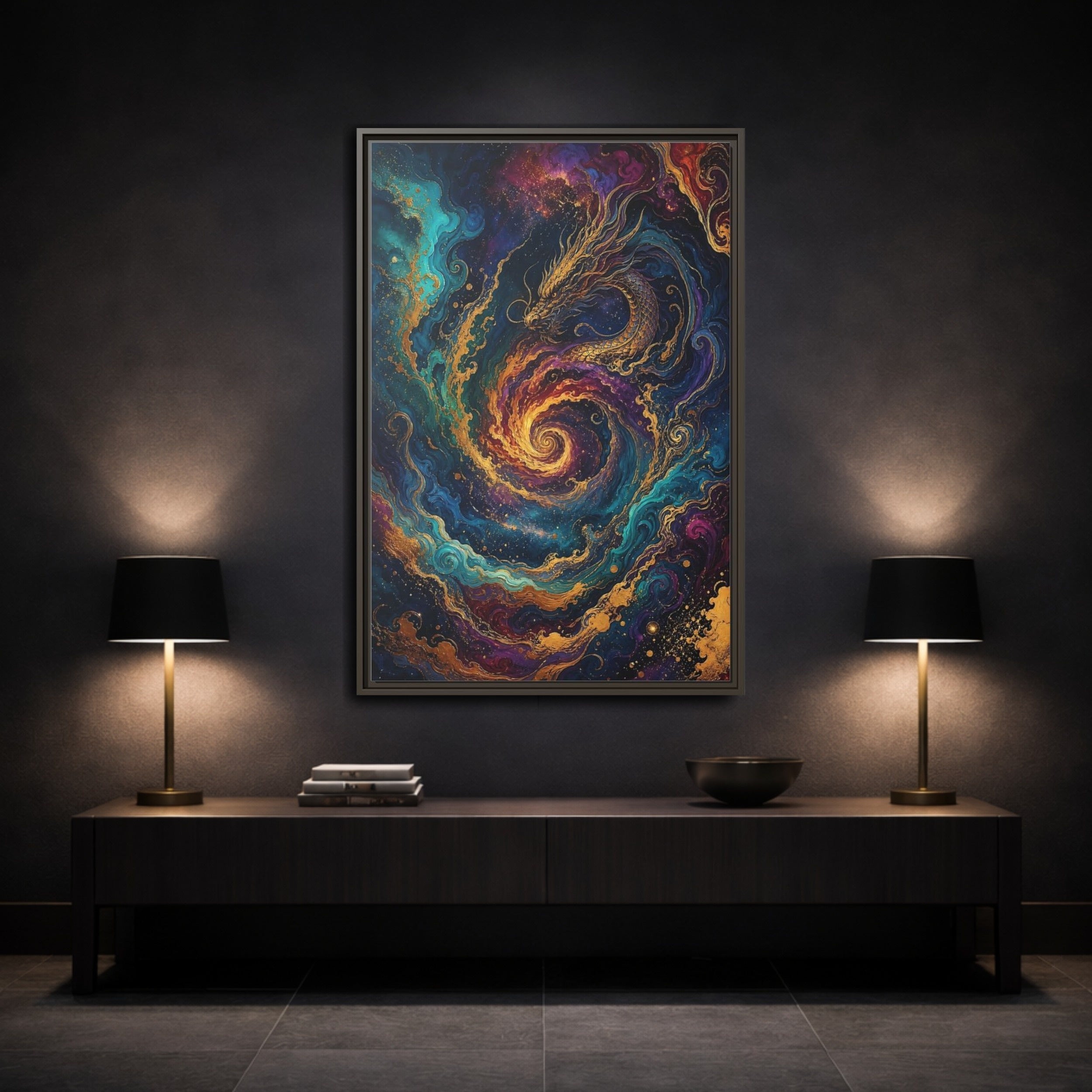 Mockup 3. Fairytale Dragon Vibrant Gold Dragon shown as stretched canvas wall art