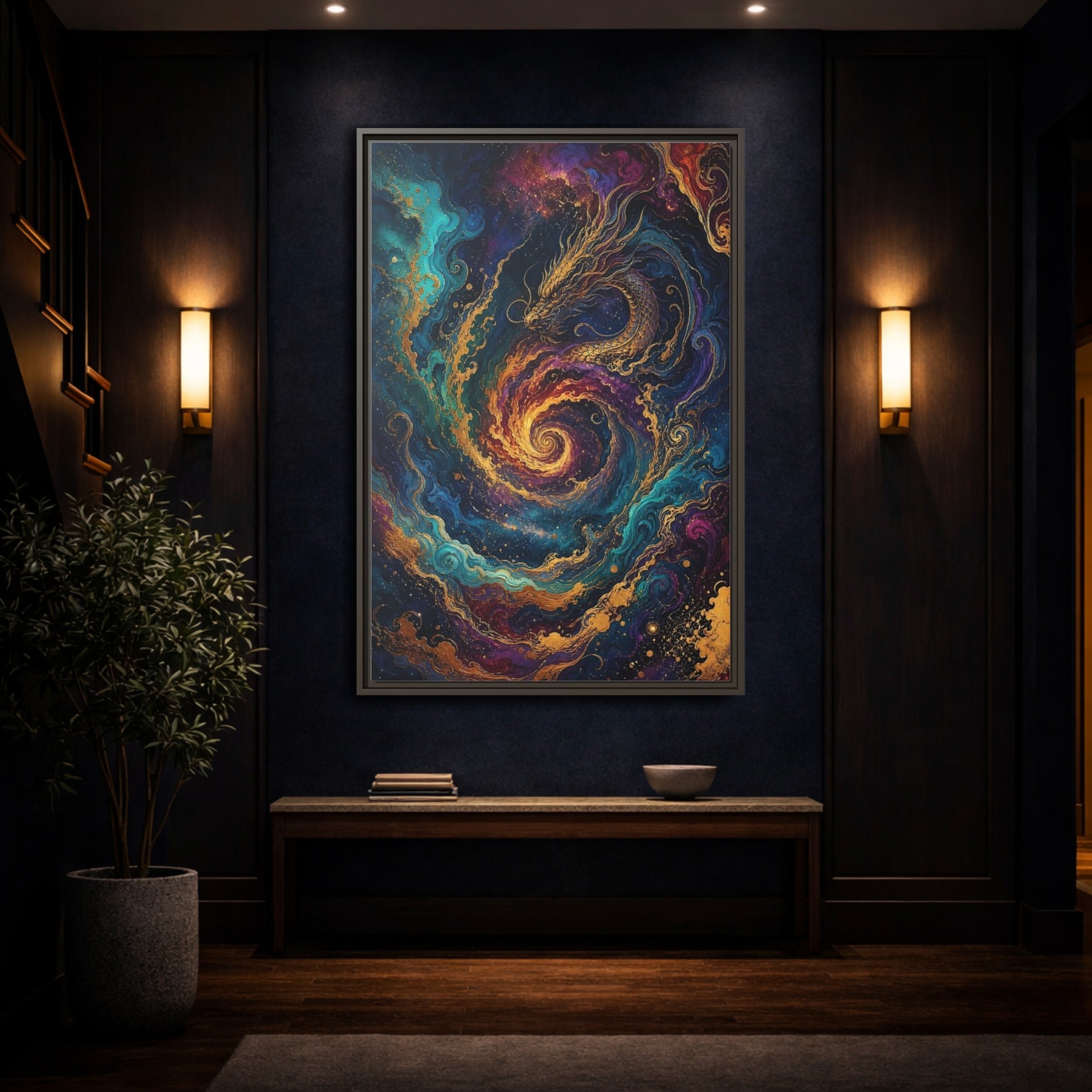 Mockup 4. Fairytale Dragon Vibrant Gold Dragon shown as stretched canvas wall art