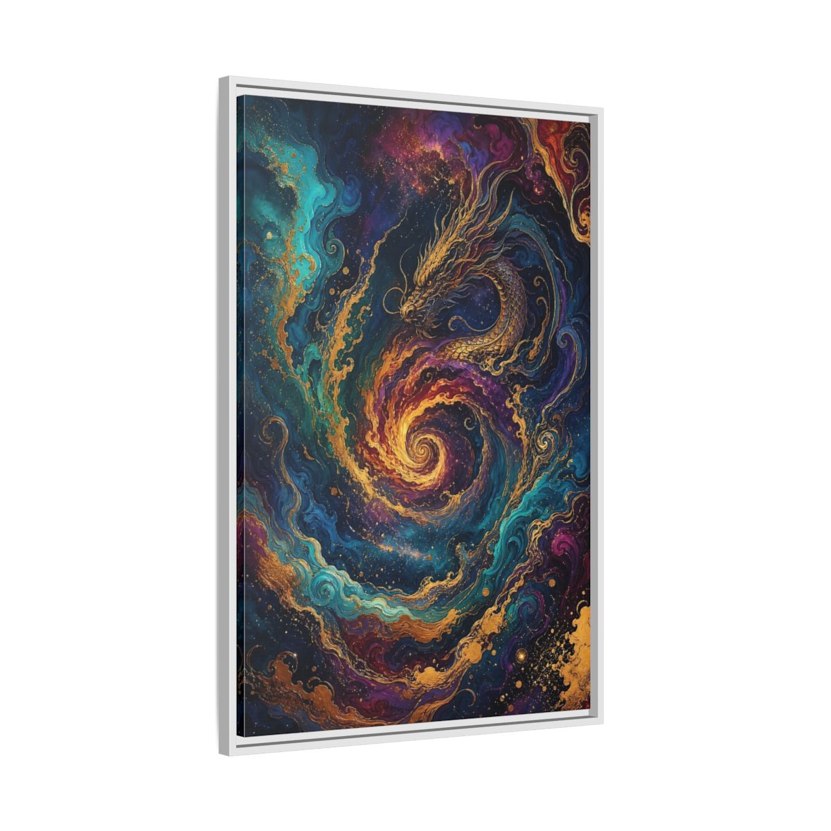 Side Mockup 9. Fairytale Dragon Vibrant Gold Dragon shown as stretched canvas wall art