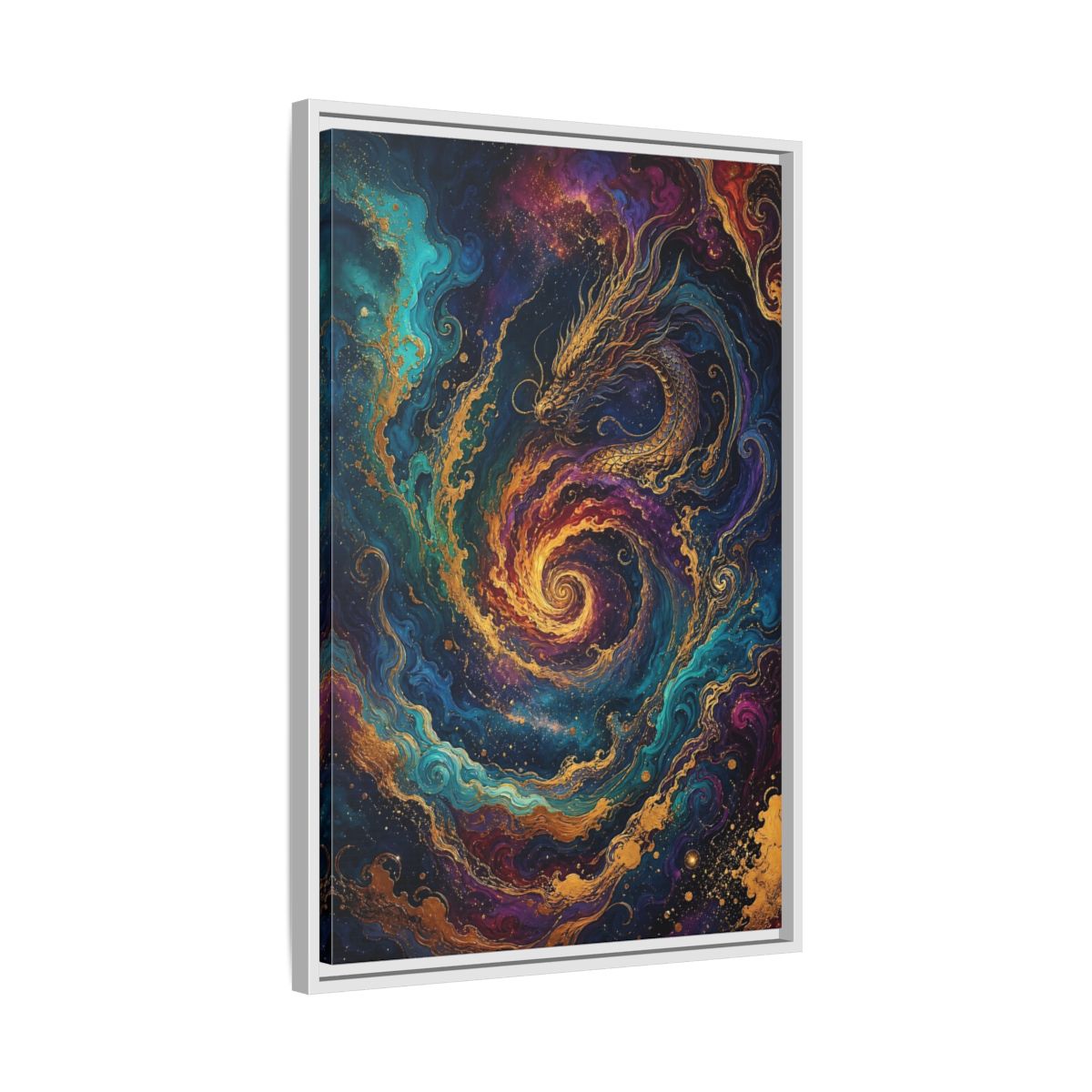 Side Mockup 10. Fairytale Dragon Vibrant Gold Dragon shown as stretched canvas wall art